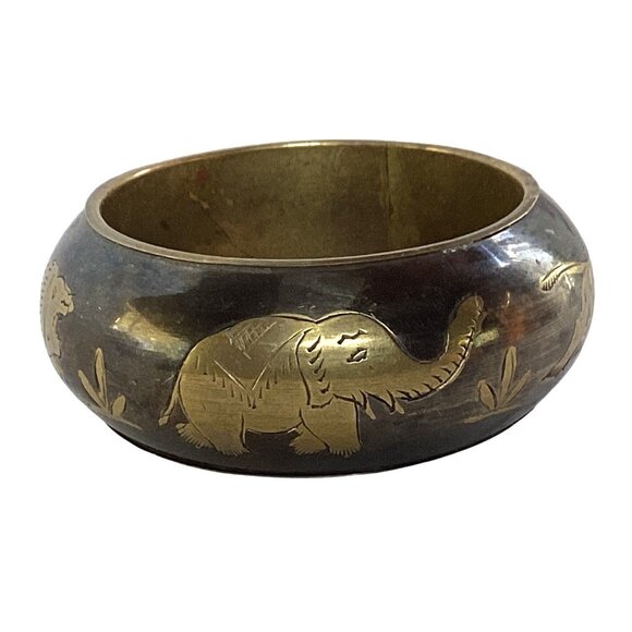 Lucky Elephant and Tiger Brass Chunky Wide Engraved Japanned Bangle Bracelet - Picture 1 of 6